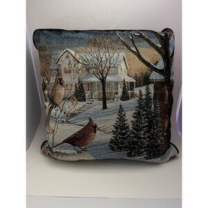 Vintage Tapestry Winter Scene Throw Pillow Cardinals Snow Pine Trees 15"x15"